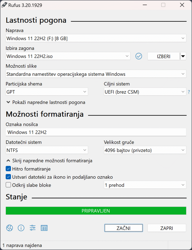 Namestitev sistema Windows 11 z orodjem Rufus – nastavitev USB ključka za UEFI z GPT particijsko shemo.