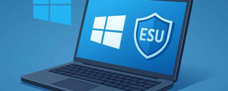 Laptop z Windows 10 in Microsoft ESU logotipom — podaljšanje varnostnih posodobitev Windows 10 (Extended Security Updates)